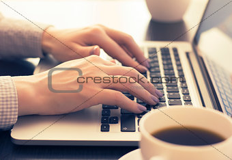 Female hands typing on laptop.