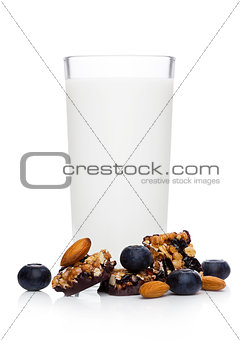 Cereal bar bits blueberries and glass of milk