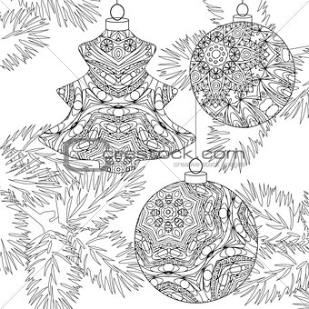 Zentangle stylized Christmas decorations with spruce branches. Hand Drawn lace vector illustration
