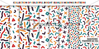 Collection of bright colorful seamless patterns. Memphis mosaic design - retro fashion style 80-90s
