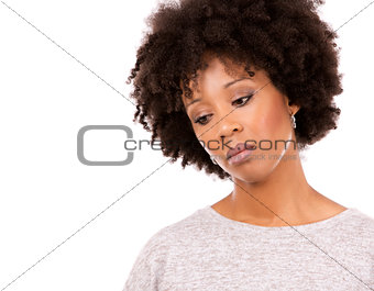 depressed black casual woman on white background
