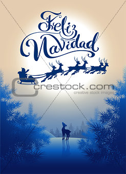 Feliz navidad translation from Spanish Merry Christmas. Lettering calligraphy text for greeting card. Silhouette Santa sleigh of reindeer in night sky