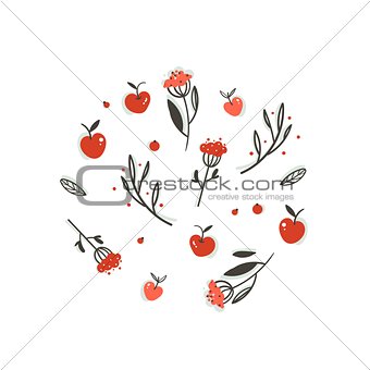 Hand drawn vector abstract greeting cartoon autumn graphic decoration elements set with berries,leaves,branches and apple harvest isolated on white background