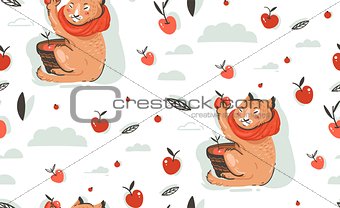 Hand drawn vector abstract greeting cartoon autumn illustration seamless pattern with cute cat character collected apple harvest with berries,leaves and branches isolated on white background.