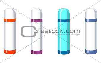 Mock up of thermos bottle. Thermoses of different colors for hot coffee, tea and water. Isolated vector illustration on white background.