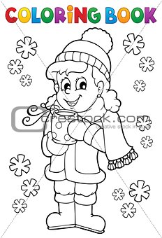 Coloring book girl in winter clothes