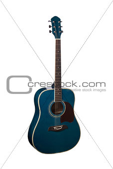 The image of blue acoustic guitar isolated under the white background