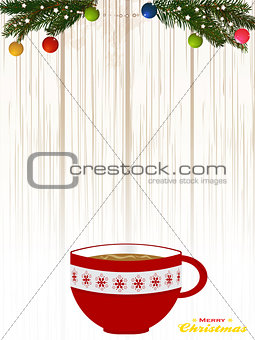 Christmas decorated coffee cup on. shading wood background