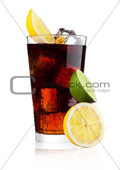 Glass of cold cola soda drink with lime and lemon