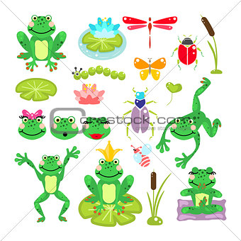 Frogs cartoon green clip-art vector set.
