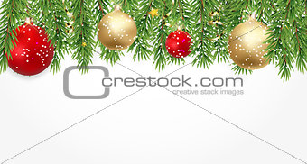 Fir Branches with Snow and Balls. Merry Christmas and New Year Winter Background. Vector Illustration