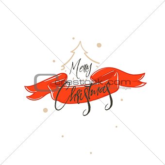 Hand drawn vector Merry Christmas shopping time cartoon graphic simple greeting illustration logo design with red ribbon and handwritten calligraphy isolated on white background
