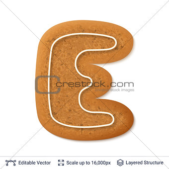 Gingerbread letter E isolated on white.
