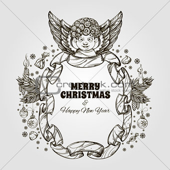 Beautiful angel with a frame made of ribbon. Decorative design element for Christmas and New Year greeting cards, invitations and other items