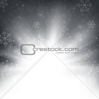 Christmas snowflakes and snows with sunburst in blue background