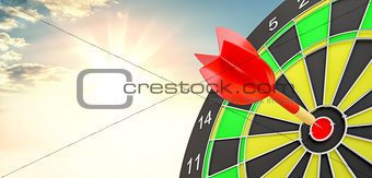 Target hit in center by arrows. 3d illustration