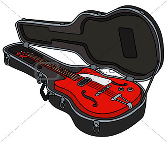 The retro red electric guitar in a case