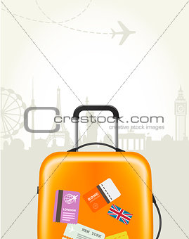 Travel agency poster with plastic suitcase and european landmark