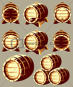 Set of vintage wooden barrels in different foreshortening on background. Vector illustration.