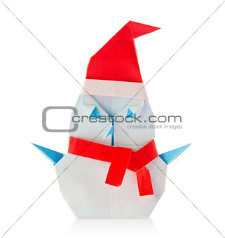 Snowman of origami with red cap and scarf.