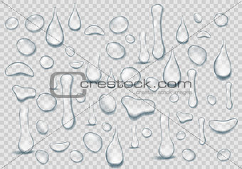 Set of Pure clear Drops of water on a transparent background. Realistic water background with drops isolated. Vector illustration.