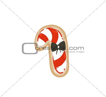 Hand drawn vector abstract fun Merry Christmas time cartoon illustration card with baked gingerbread cookie candy cane shape isolated on white background