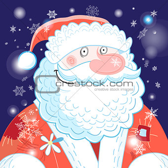 Bright postcard New years portrait of Santa Claus 