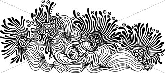Vector abstract black and white pattern. Hand drawn plant texture. Grunge background.