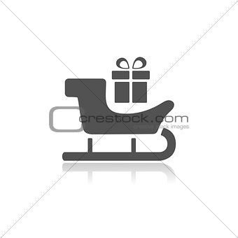 Sled icon with gift and reflection on white background