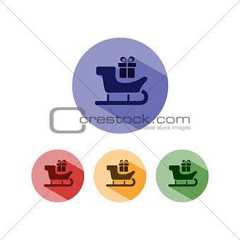 Sled icon with gift and shade on colored circles