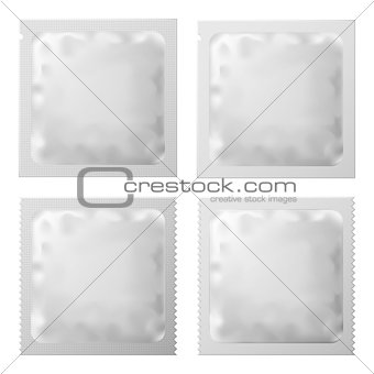 Realistic White Blank template condom Packaging. Set of Condom Or Foil wet wipes Pouch Medicine packet. Vector illustration of condom Or sachet Foil wet wipes packet.