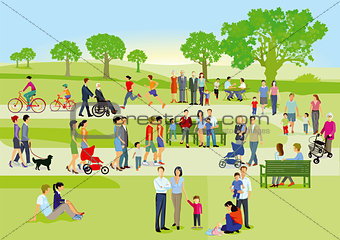 Families and people are relaxing in the park, illustration