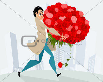 Man with huge bouquet