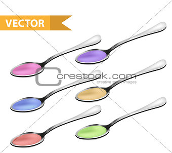 Realistic Metallic teaspoon with liquid, syrup set. 3d tablespoon collection. Isolated on white background. Vector illustration.