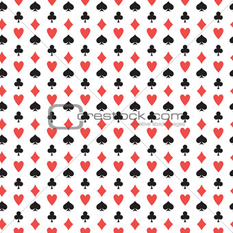 Playing cards suits seamless pattern. diamonds, clubs, hearts, spades repeating texture. Poker endless background. Vector illustration.