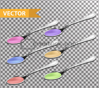 Realistic Metallic teaspoon with liquid, syrup set. 3d tablespoon collection. Isolated on a transparent background. Vector illustration.