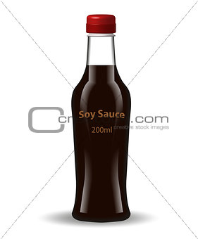 Soy sauce in a glass bottle. 3d realistic style. Asian cuisine. Isolated on white background. Mock-up for your product design. Vector illustration.