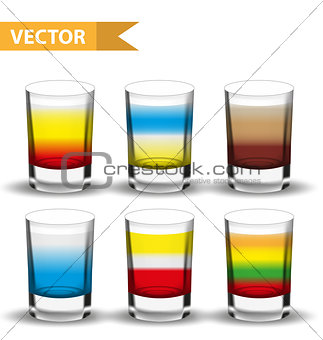 Realistic set shots cocktails. 3d Shot with drinks for bars, restaurans collection. Glass cup liqueur. Isolated on white background. Vector illustration.