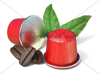 Red coffee capsules with coffee beans and leaves 3D