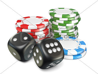 Stacks of red, green, blue gambling chips and black dices 3D