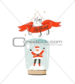 Hand drawn vector abstract fun Merry Christmas time cartoon card with cute illustration of Santa Claus in snow bauble bulb and calligraphy Merry Christmas on red ribbon isolated on white background
