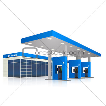petrol station with a small shop and reflection