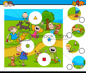 match pieces puzzle with kids and pets