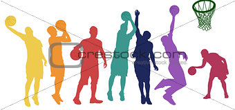 Basketball players silhouette in different positions and colors