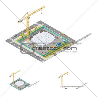 Pouring foundation of a residential building isometric lowpoly ion set