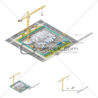 Building a house, pouring columns into formwork isometric lowpoly icon set