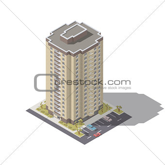 Residential building with parking isometric lowpoly icon set