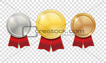 Gold, silver and bronze shiny medals with red ribbons isolated on transparent background. Champion Award Medals sport prize. Vector illustration