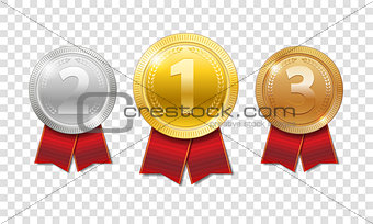 Champion Award Medals sport prize. gold, silver and bronze award medals with red ribbons isolated on transparent background. Vector illustration
