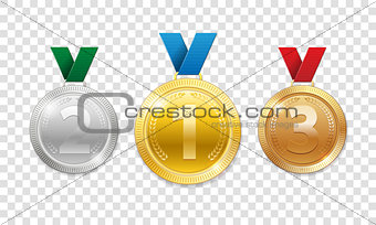 Champion Award Medals for sport winner prize. Set of realistic 3d gold, silver and bronze award trophy medals with ribbons. Vector illustration isolated